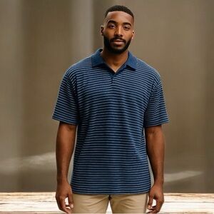Untuckit Men’s Polo Shirt Peyton Blue White Striped Pullover Short Sleeve Sz Lg